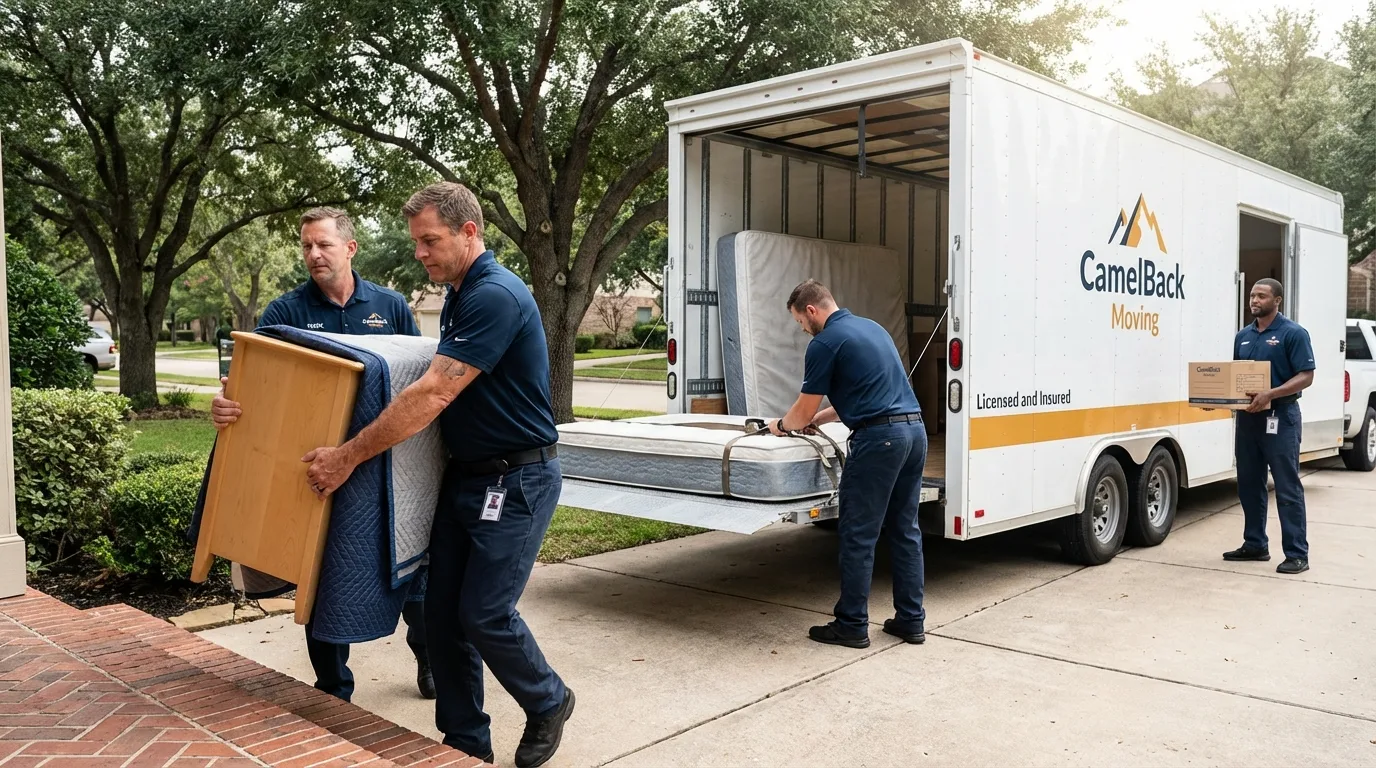 Crew loading residential truck for cross-state move from Bertram, TX