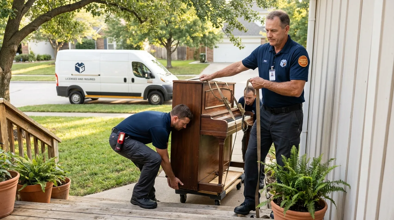 Licensed piano movers securing grand piano in Bertram, TX