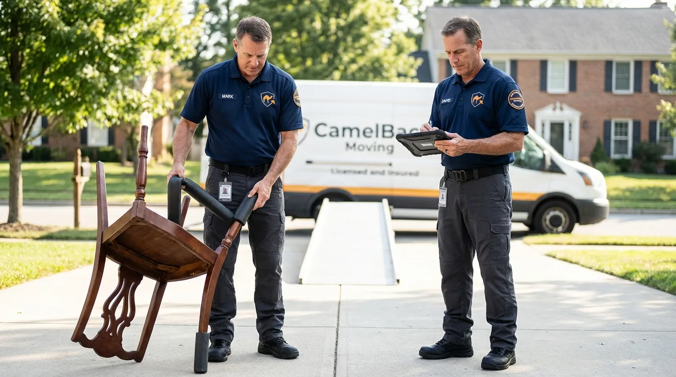 Movers inspecting furniture for damage prevention before loading in Bertram, TX