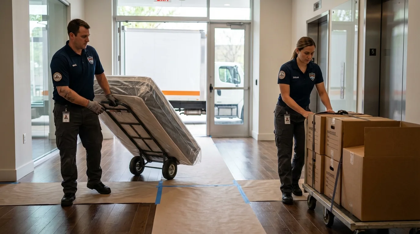 Professional apartment movers loading elevator in Bertram, TX