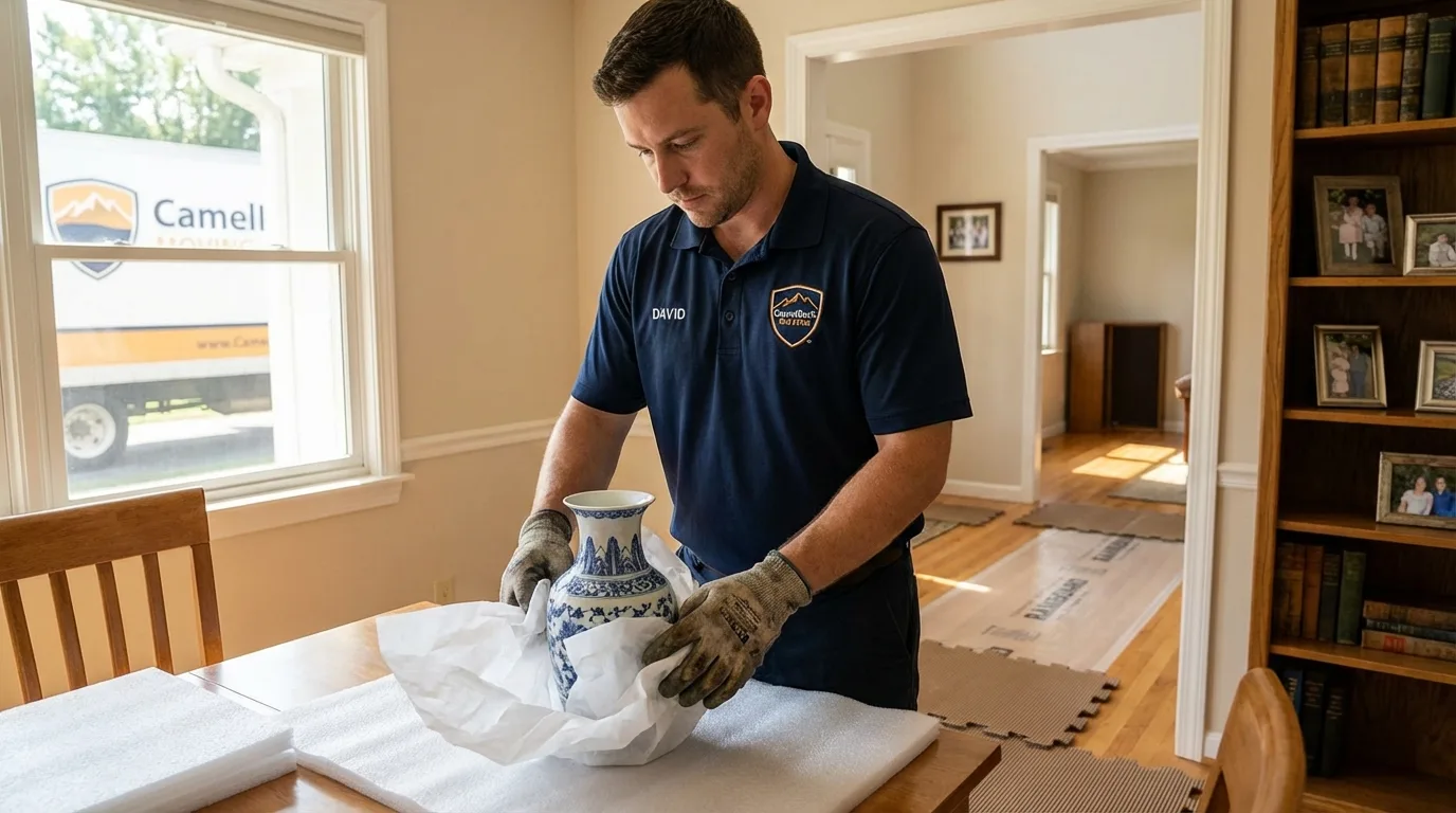 Professional crew carefully wrapping antique vase for senior downsizing move in Bertram, TX