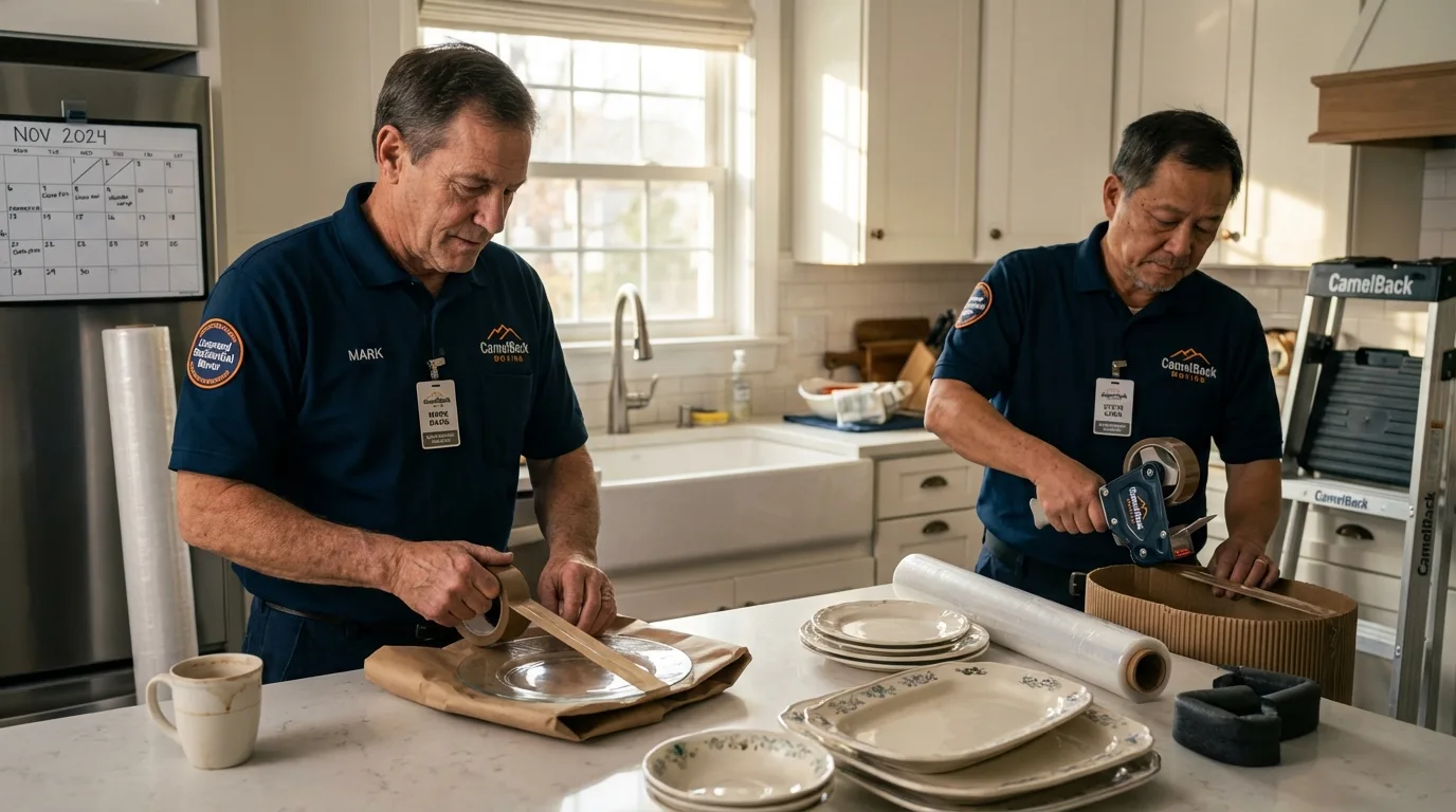 Professional crew packing kitchen dishware in Bertram, TX